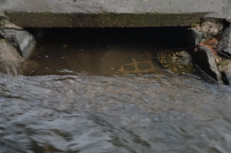 A concrete drainage culvert partially submerged in flowing water, surrounded by rocks and some fallen leaves. The surface of the water is rippling, and the interior of the culvert is dark.