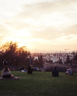 A group of friends sitting on a grassy hill watching the sunset over the city skyline.