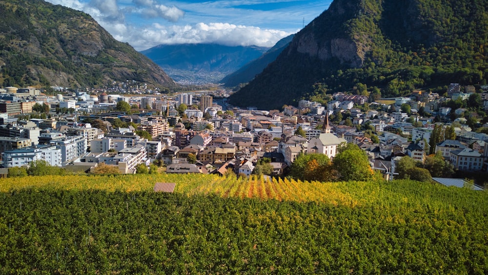 a town surrounded by mountains in the middle of a valley