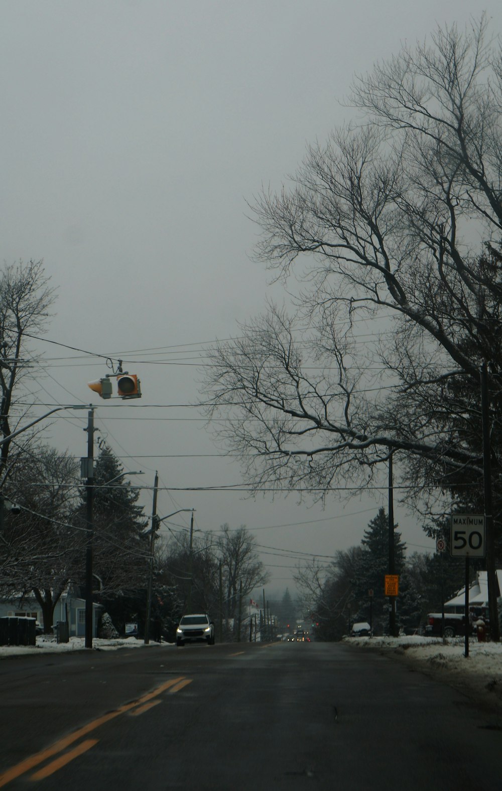 a snowy street with a traffic light and trees