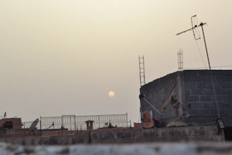 A filmmaker directing a scene on a bustling urban rooftop at sunset.