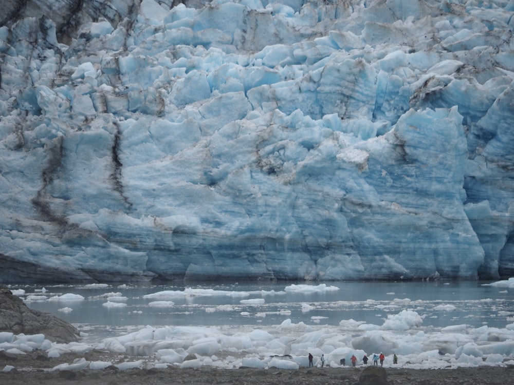 a group of people standing in front of a glacier