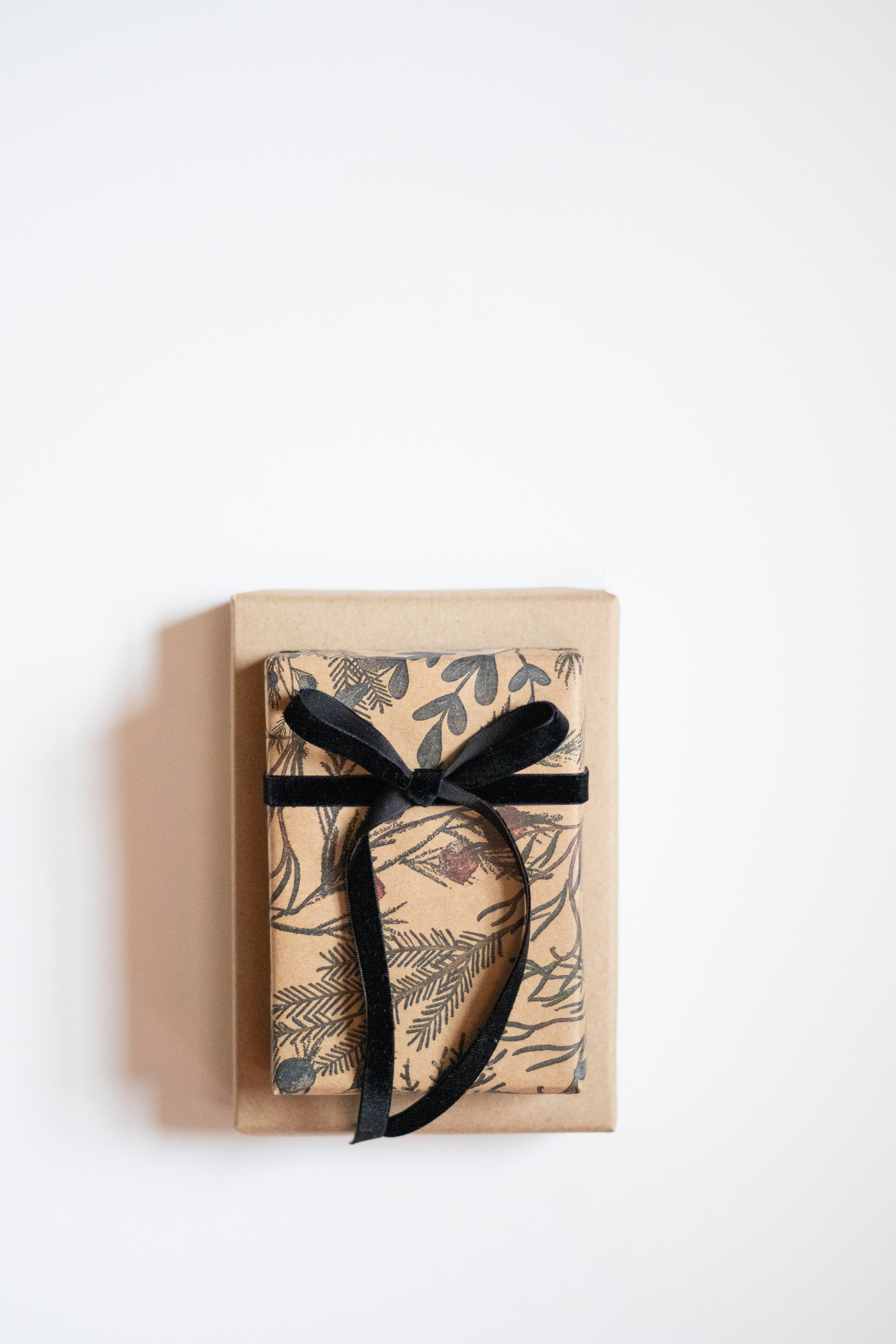 a wrapped gift box with a black ribbon