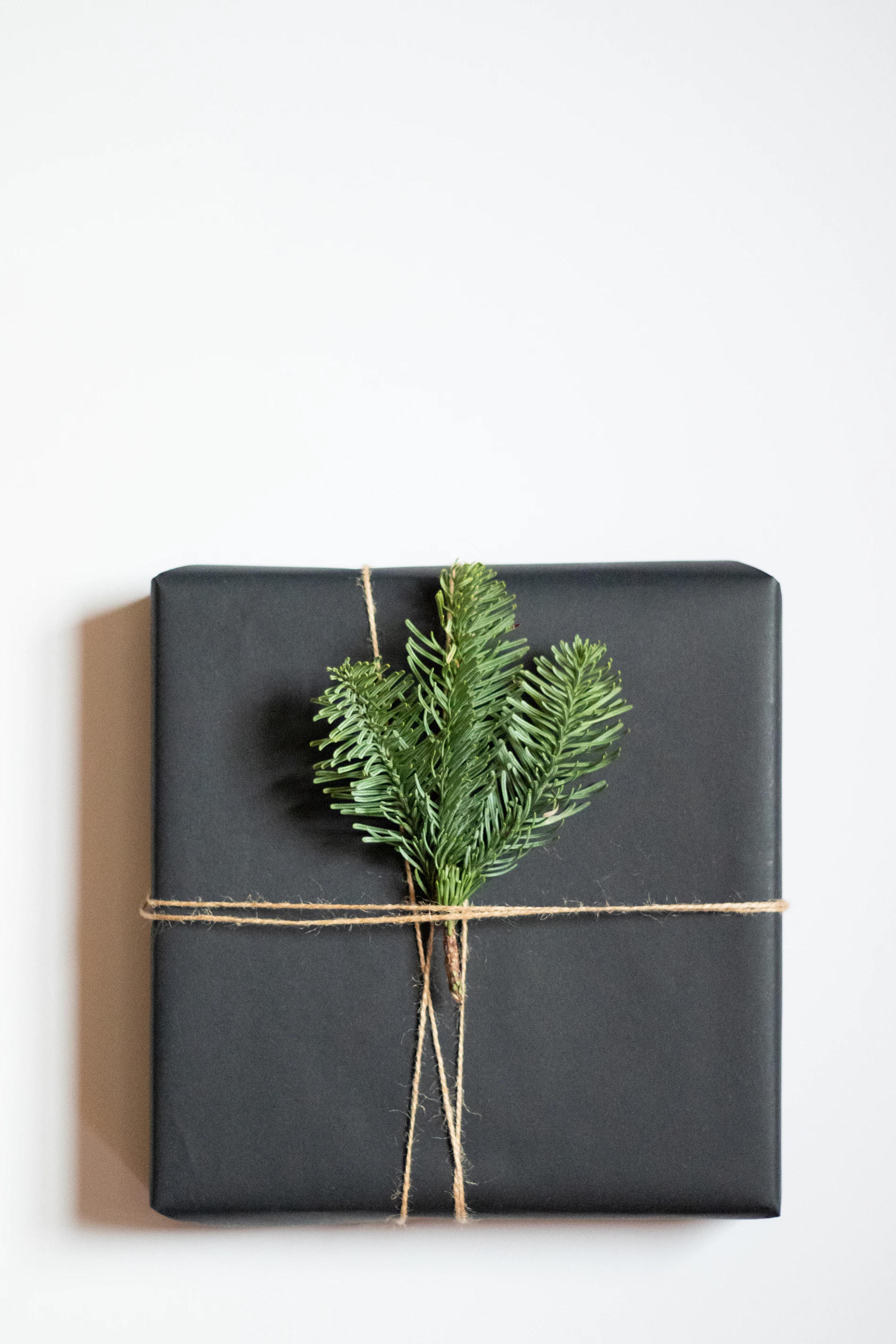 Gift wrapped in dark kraft paper with twine and a pine sprig