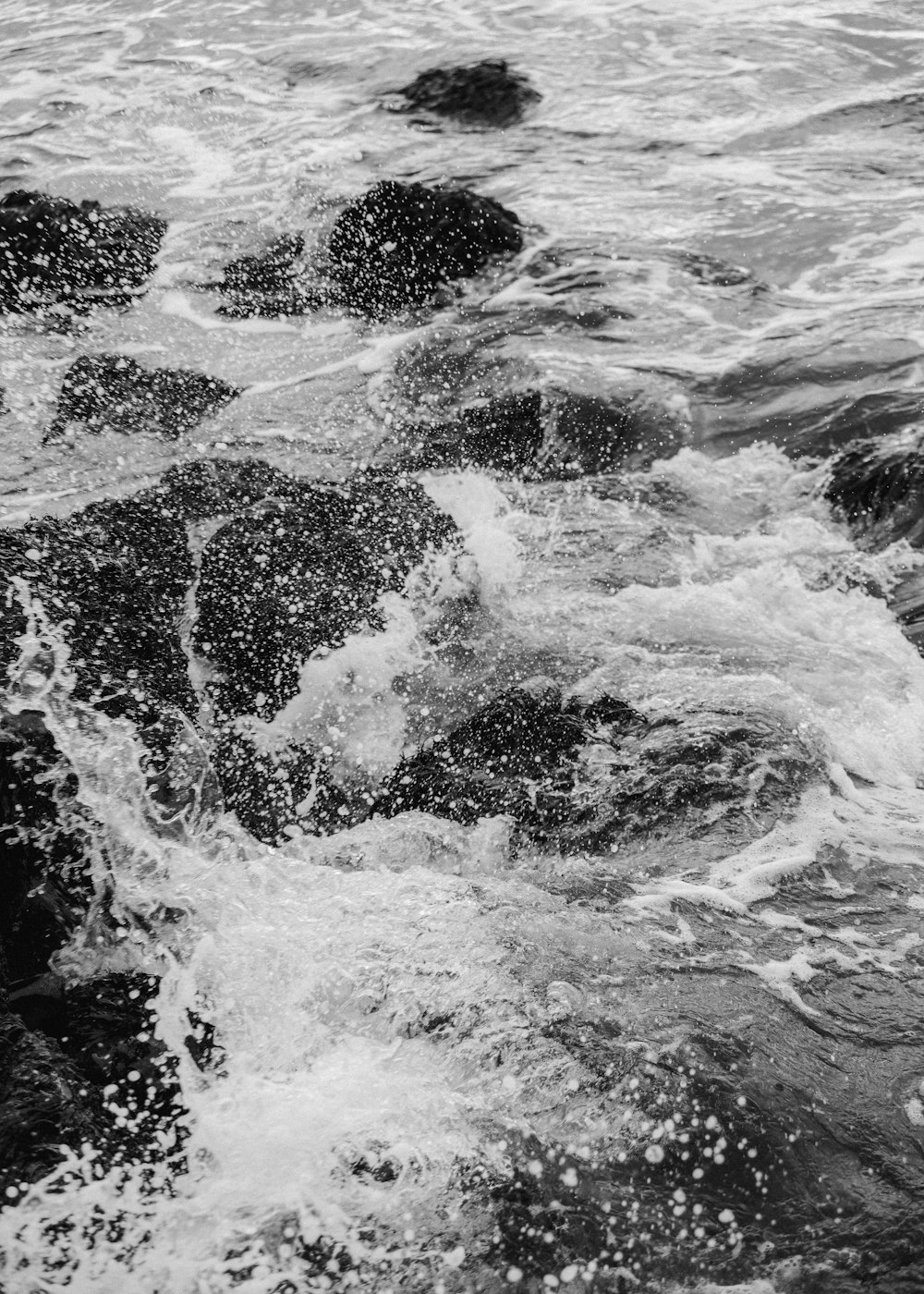 Una foto en blanco y negro de unas rocas en el agua