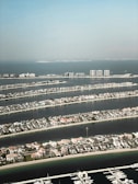 Aerial shot of Palm Jumeirah with shimmering waters.
