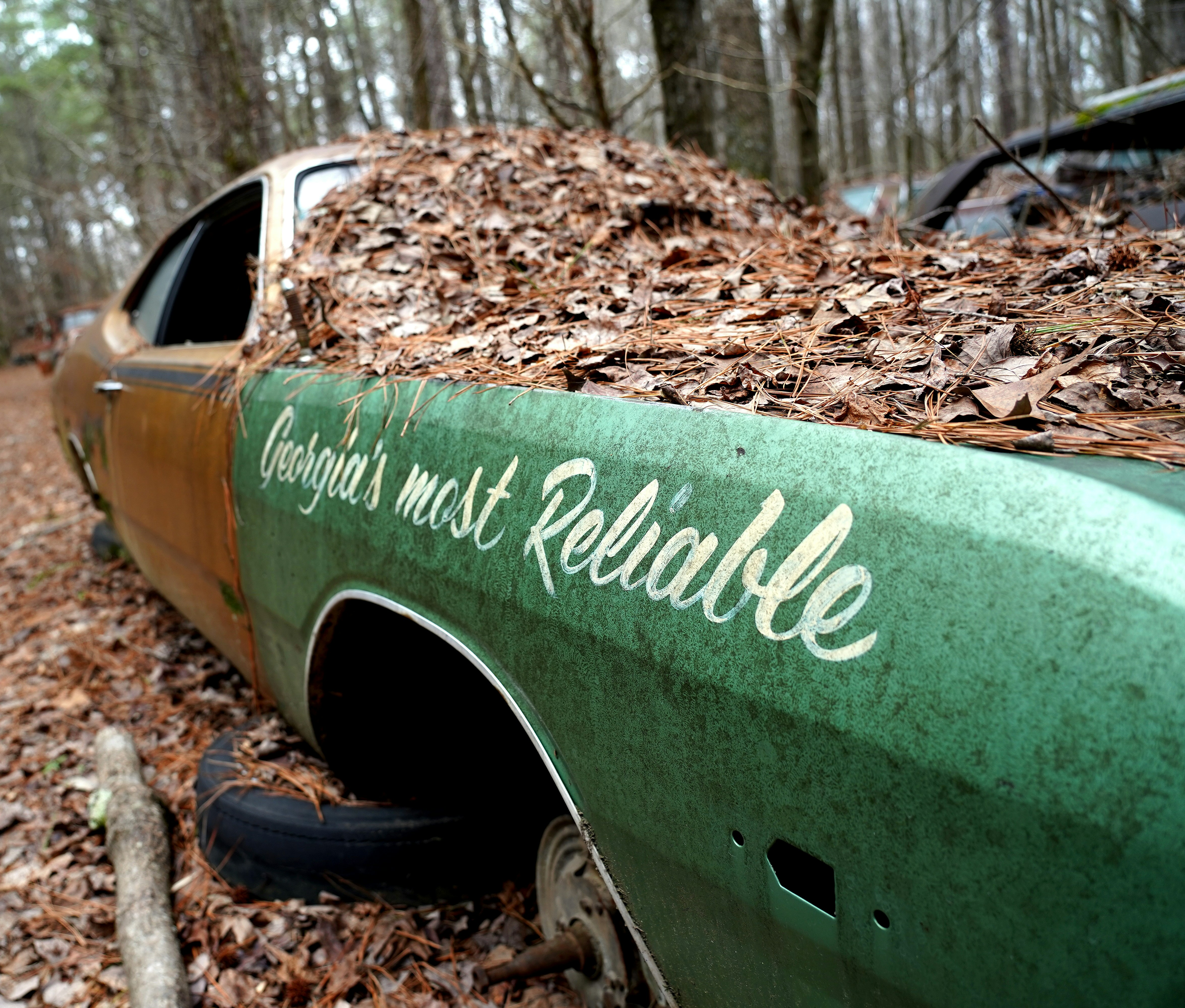 a green truck parked on top of a pile of leaves