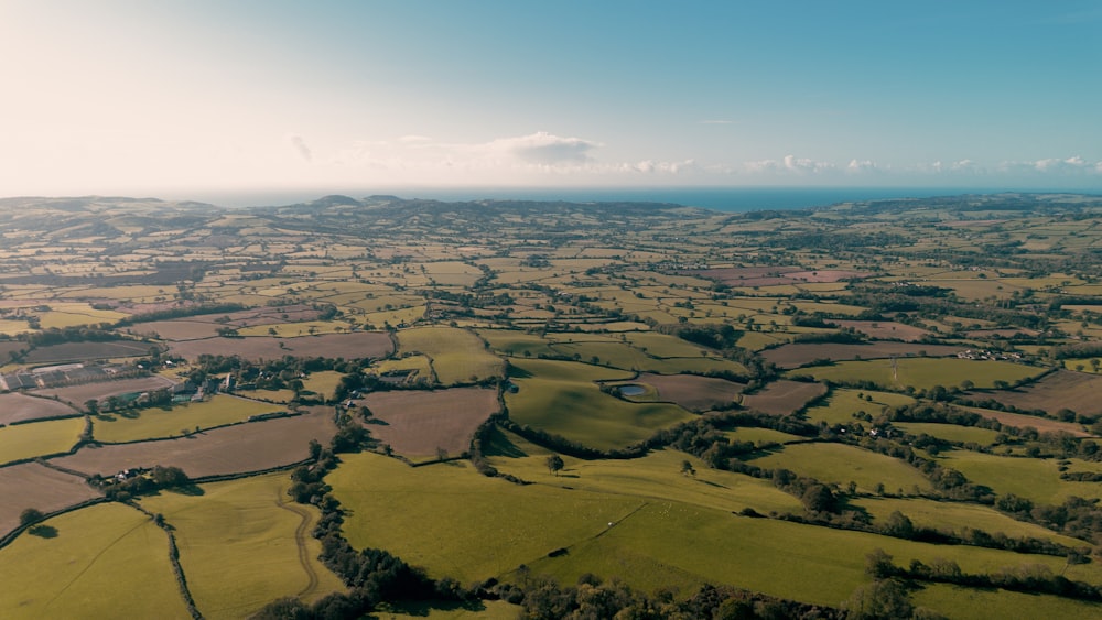 an aerial view of a green field with lots of trees