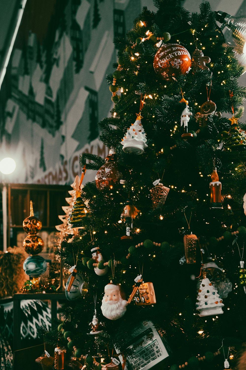 a decorated christmas tree in a store