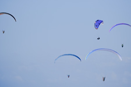 Multiple paragliders are in mid-air, soaring against a clear blue sky. Their colorful canopies are spread wide, showcasing shades of blue, purple, and orange.