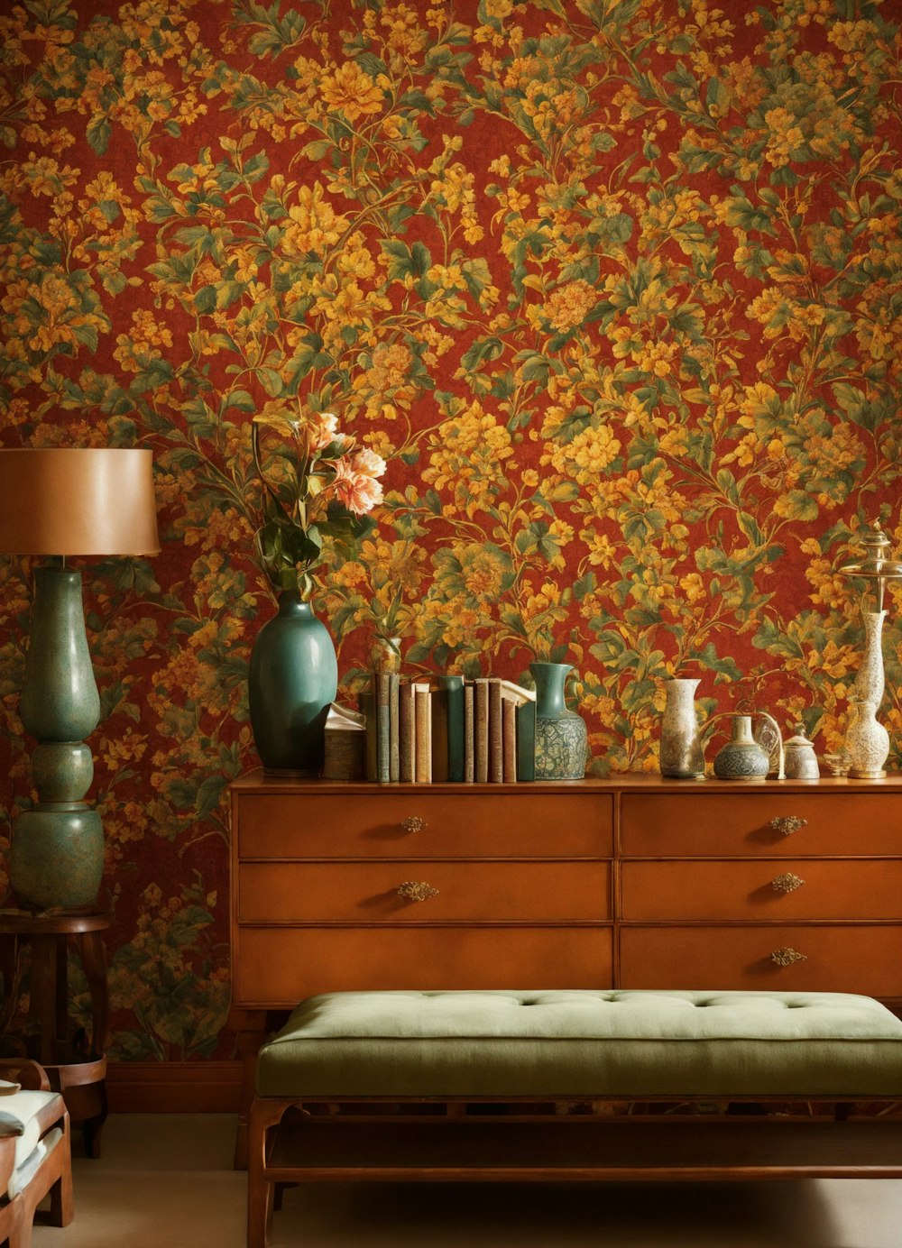 a room with a bench, lamp, vases and a bookcase