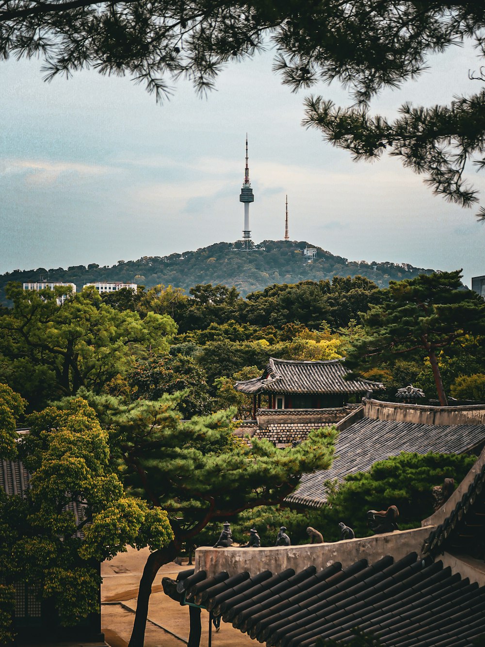 a view of a mountain with a pagoda in the distance