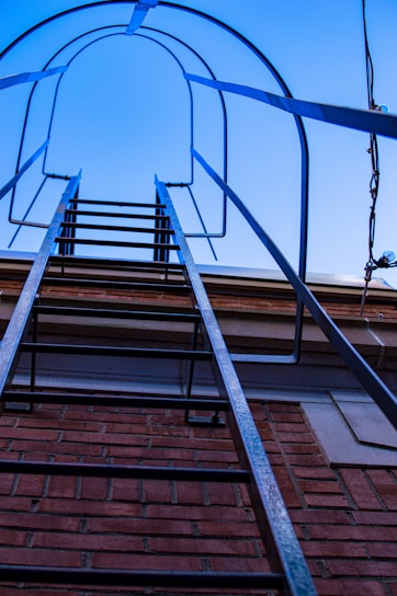 A metal ladder is attached to the side of a red brick building, leading upwards against a clear blue sky. The ladder has protective hoops above it, providing a sense of structure and safety.