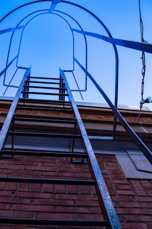 A metal ladder is attached to the side of a red brick building, leading upwards against a clear blue sky. The ladder has protective hoops above it, providing a sense of structure and safety.