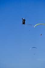 A group of paragliders soaring in the blue sky.