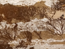 An abstract artwork with a textured surface featuring earthy tones of brown and beige. The image includes intricate patterns resembling tree branches or roots, creating an organic and natural aesthetic.