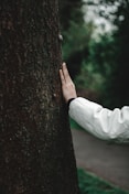 a person in a white jacket hugging a tree