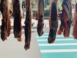 Several pieces of meat are hanging vertically in a row, suspended above a sidewalk with a striped crosswalk in the background. They appear to be drying or curing in the open air, and there is a mix of sunlight and shadow on the scene.