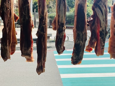 Several pieces of meat are hanging vertically in a row, suspended above a sidewalk with a striped crosswalk in the background. They appear to be drying or curing in the open air, and there is a mix of sunlight and shadow on the scene.