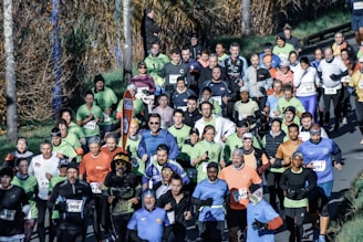 A large group of runners participating in a marathon or organized run along a tree-lined road. The participants wear diverse athletic attire in various colors, and many have race numbers attached to their shirts. The surrounding environment includes a grassy area and trees with autumn foliage.
