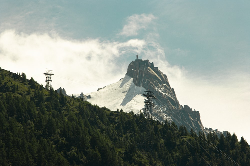 a mountain covered in snow and surrounded by trees