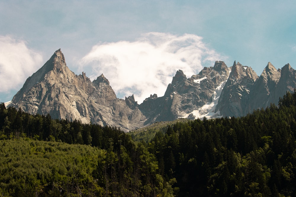 a mountain range with trees and clouds in the background