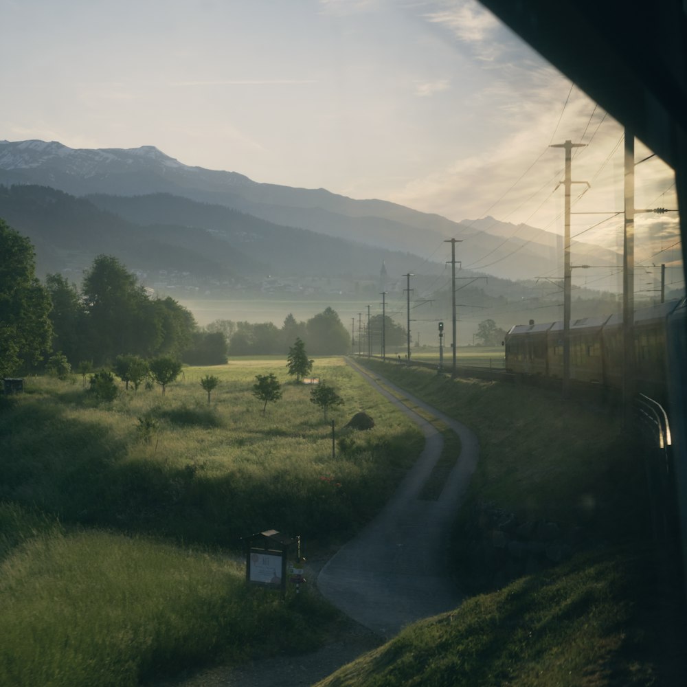 a train traveling through a lush green countryside