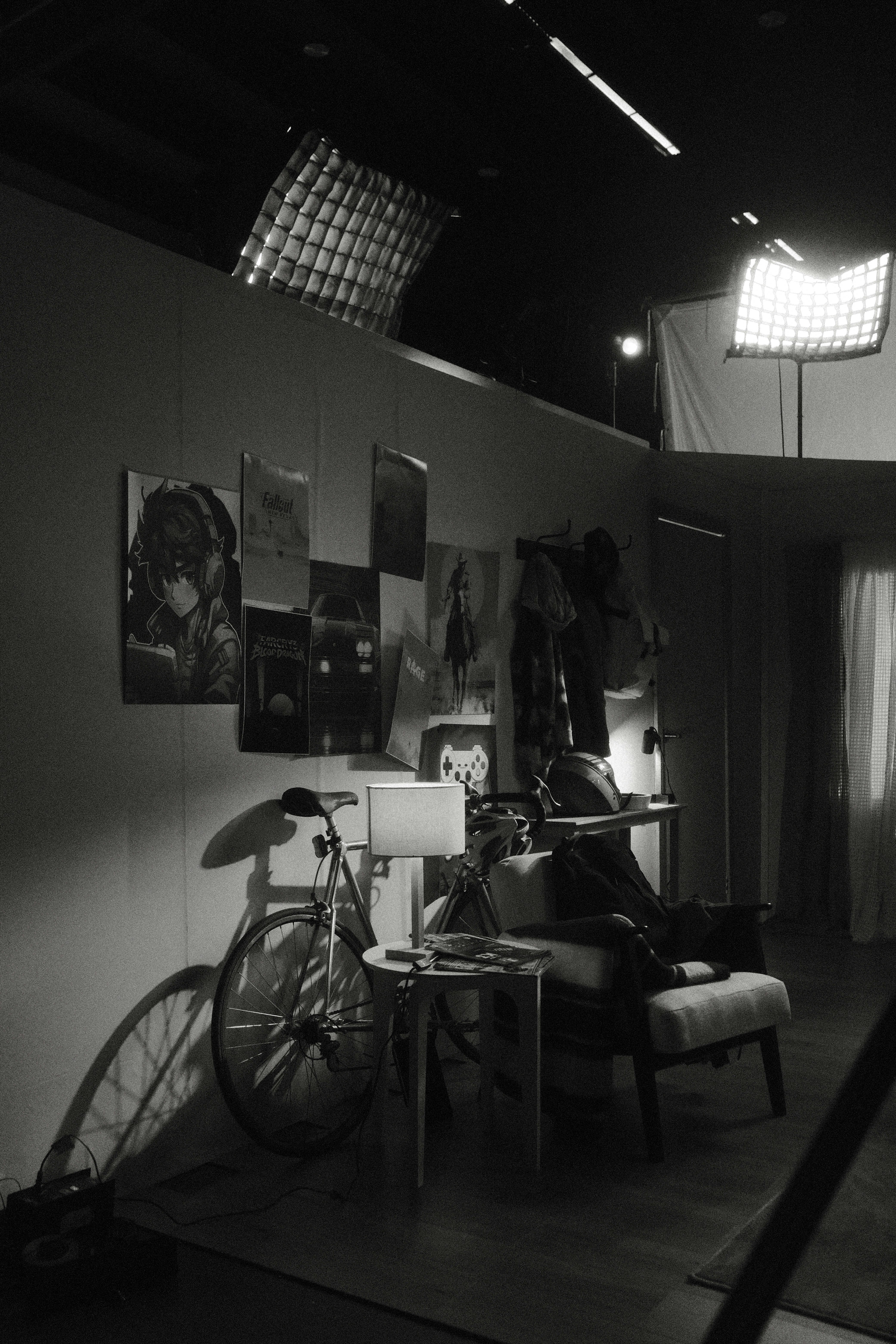 a black and white photo of a bike in a room