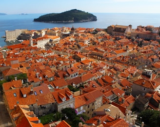 An aerial view of a historic coastal city with numerous orange terracotta rooftops. The city, situated by a calm blue sea, features old stone buildings and narrow streets. A small green island is visible in the background, surrounded by the vast ocean.