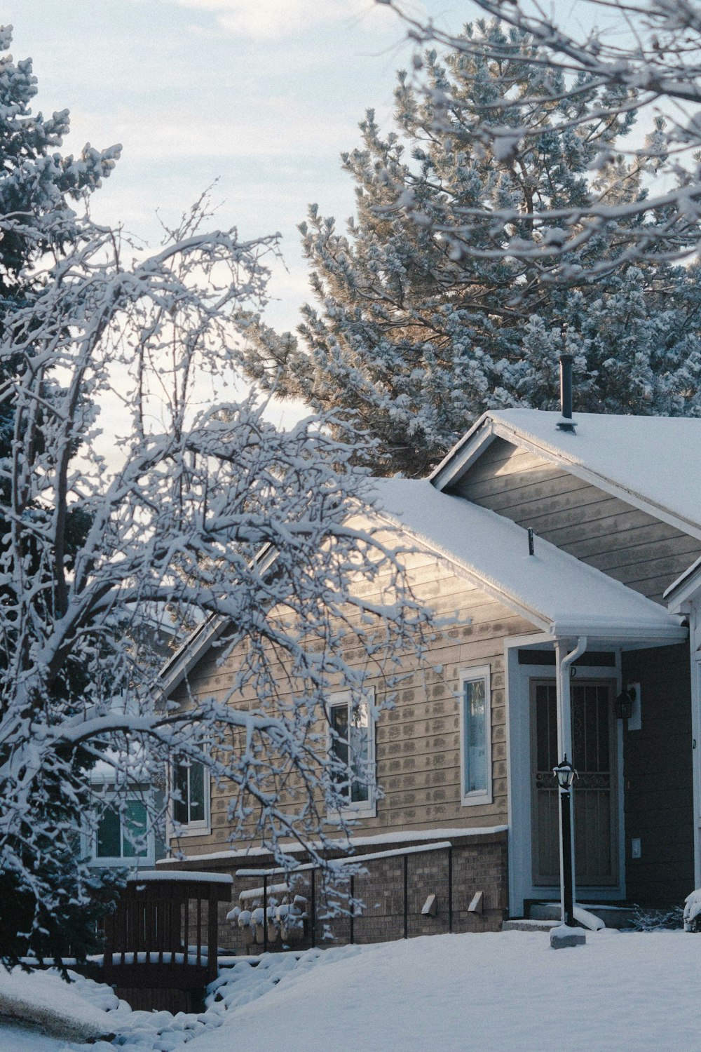 a house covered in snow next to a tree