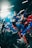 A figure of a superhero in a dynamic pose, featuring a clenched fist and an intense expression, stands against a backdrop with bold colors and graphics. The figure's costume is blue with a red cape, and there's a sense of motion and power in the scene. Dark, rugged terrain appears in the foreground, adding depth.