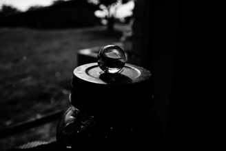 A black and white photograph highlighting a glass marble placed on top of a jar lid. The background is blurred, showcasing an outdoor environment with faint outlines of trees and grass. The play of light and shadows creates a contrast between the shiny, reflective surface of the marble and the dark surroundings.