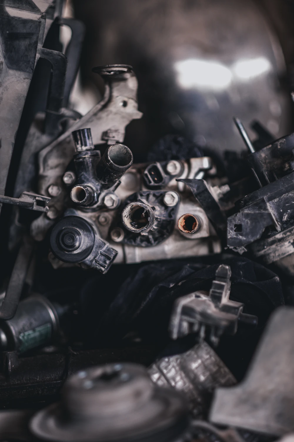Engine internals exposed during a forced-induction build
