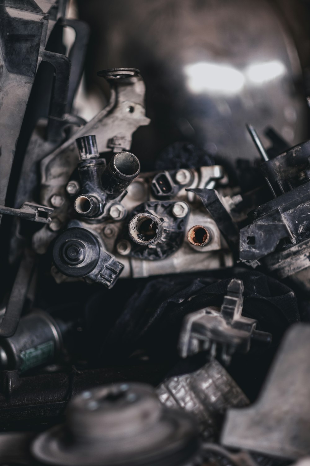 a close up of a pile of metal parts