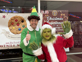 Holiday characters spreading cheer with festive costumes and bright smiles.