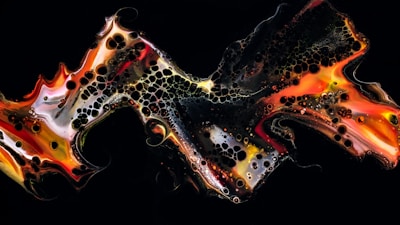 A dynamic abstract artwork featuring fluid shapes and patterns with swirling colors. Bubbling textures and spherical elements create a sense of movement across a dark background. The artwork resonates with fiery shades and stark contrasts, giving it an energetic feel.
