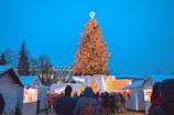 A festive scene at a Christmas market features a large, brightly lit Christmas tree with a star on top. Surrounding the tree are small market stalls decorated with lights and snow. A crowd of people, bundled up in winter clothing, gather around the stalls and tree, enjoying the holiday atmosphere.