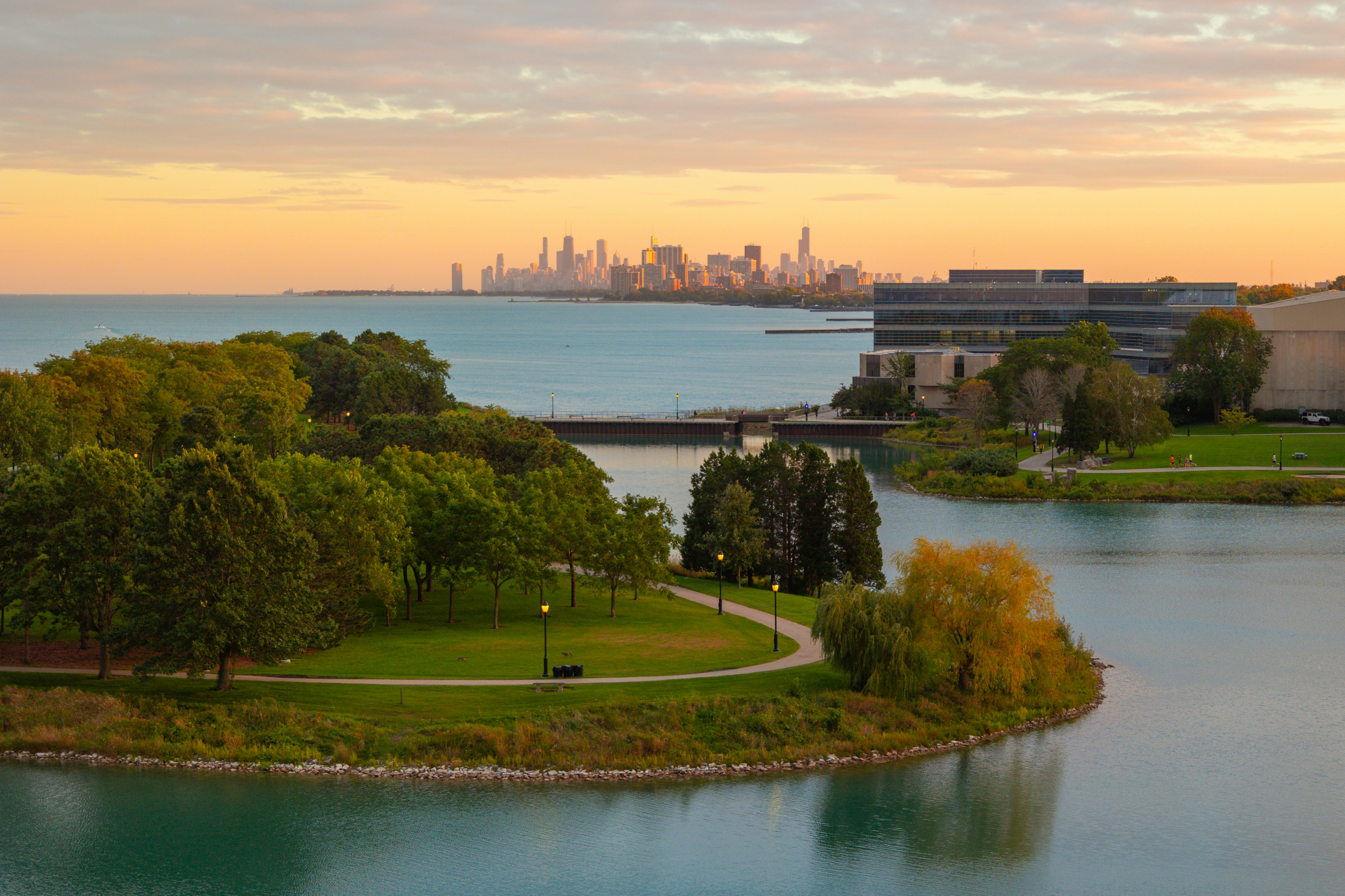 a view of a city from across a lake