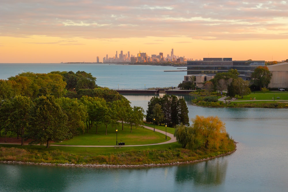 a view of a city from across a lake