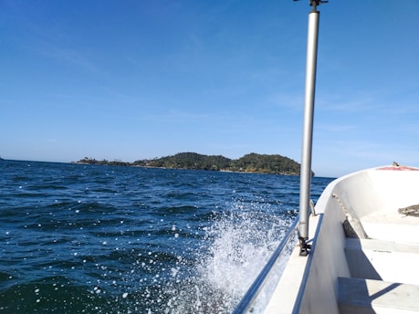 A small boat approaching a tropical island with clear blue water and green trees