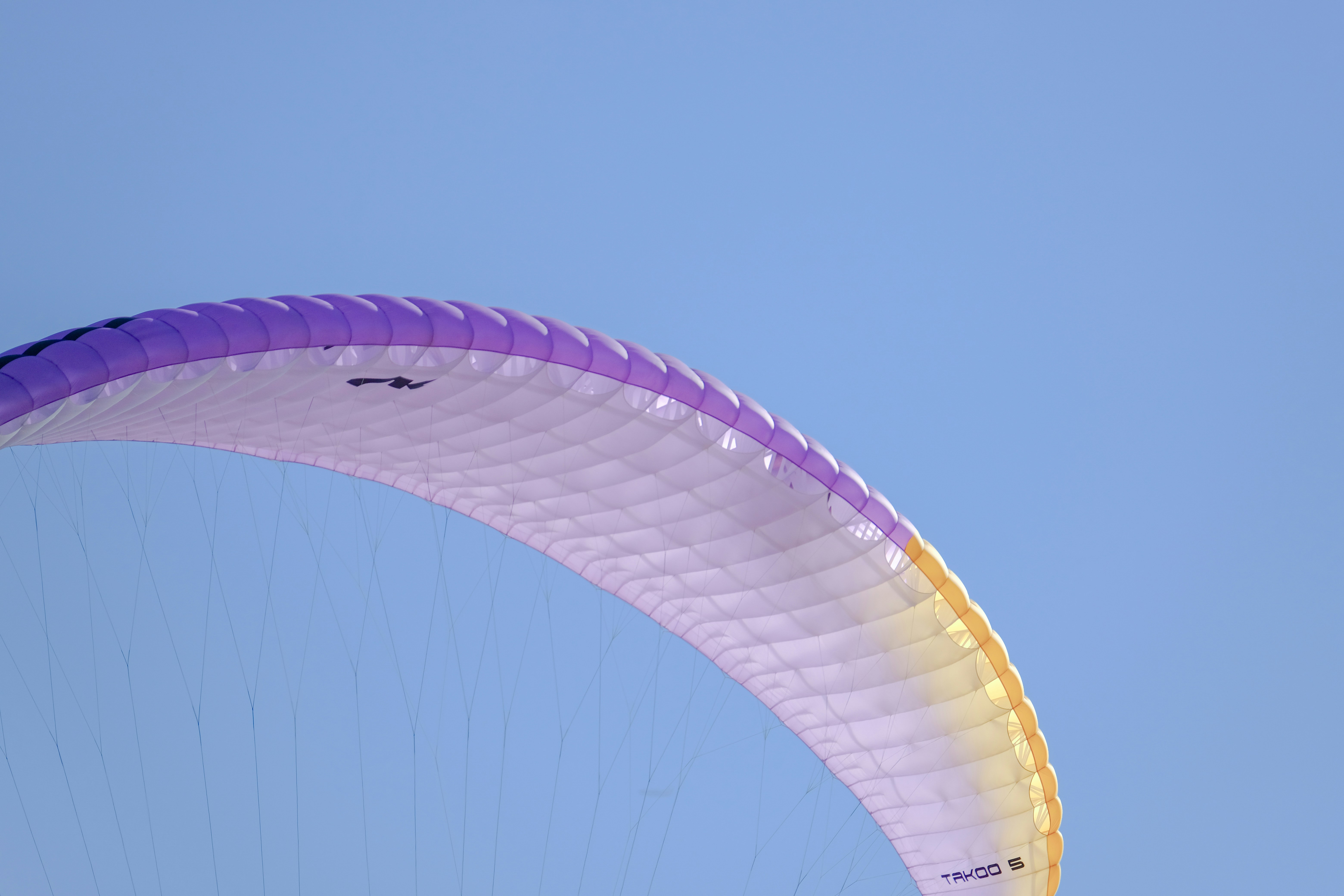 a large purple and yellow kite flying in the sky