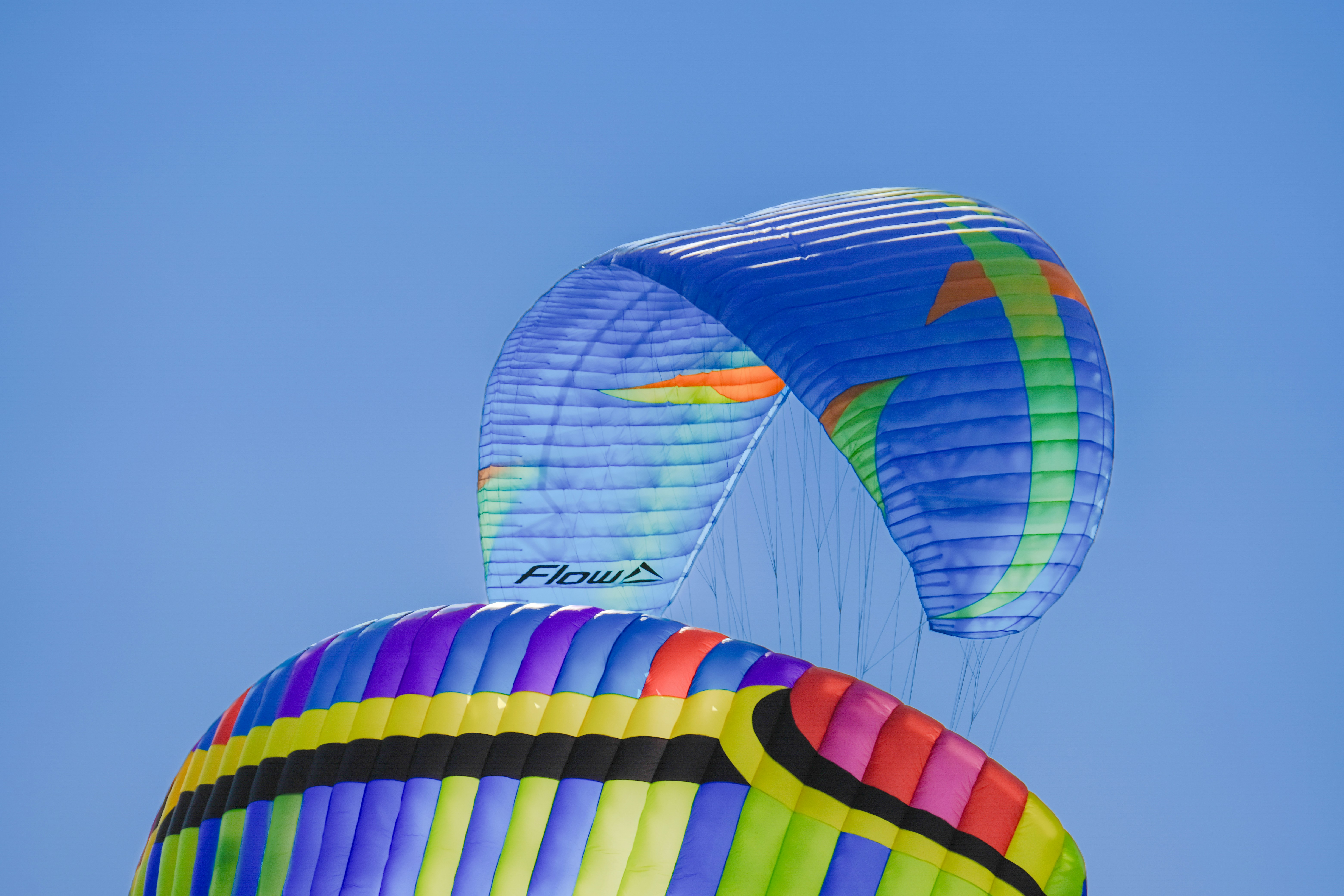 Group of colorful Sankranti kites flying together against a blue sky