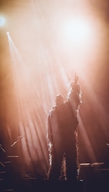 A performer stands on stage under dramatic lighting, with a spotlight shining directly above, creating a halo effect. The silhouette is enhanced by the surrounding mist and light beams. The individual is wearing a costume with feather-like textures and has one arm raised upwards.