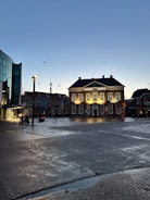 A town square during early evening or dusk with a prominently lit classical building at the center. The building has 'Sneider Zijlstra' written on it. Birds are seen flying in the sky above. There's a modern glass building on the left, street lamps provide illumination, and the ground looks wet, likely from recent rain. A few people and vehicles are visible.