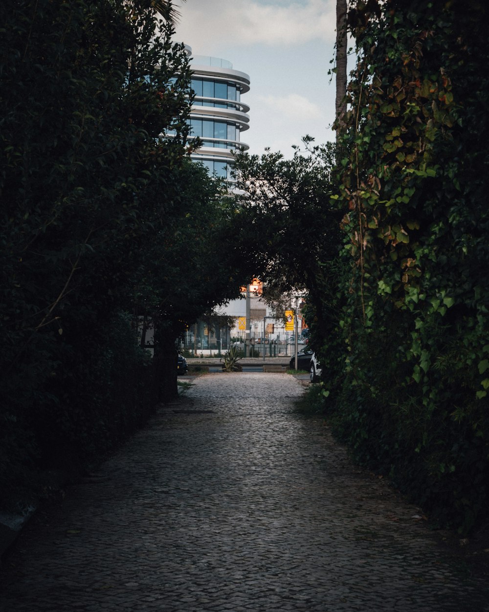 a cobblestone road with a building in the background