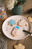 Festive holiday cookies decorated with icing and sprinkles on a festive plate
