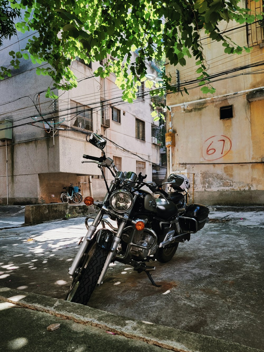 a motorcycle parked on the side of a street