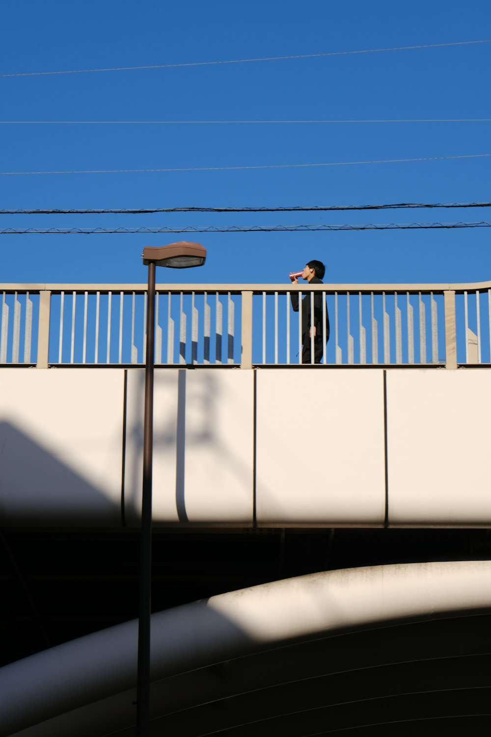 a person standing on a bridge with a cell phone