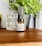 A small brown bottle labeled as massage oil or body wash is placed on a wooden surface. Behind it, there is a textured glass container and a black potted plant with green leaves. The setting appears to be a calm and natural environment with household or spa-like items.