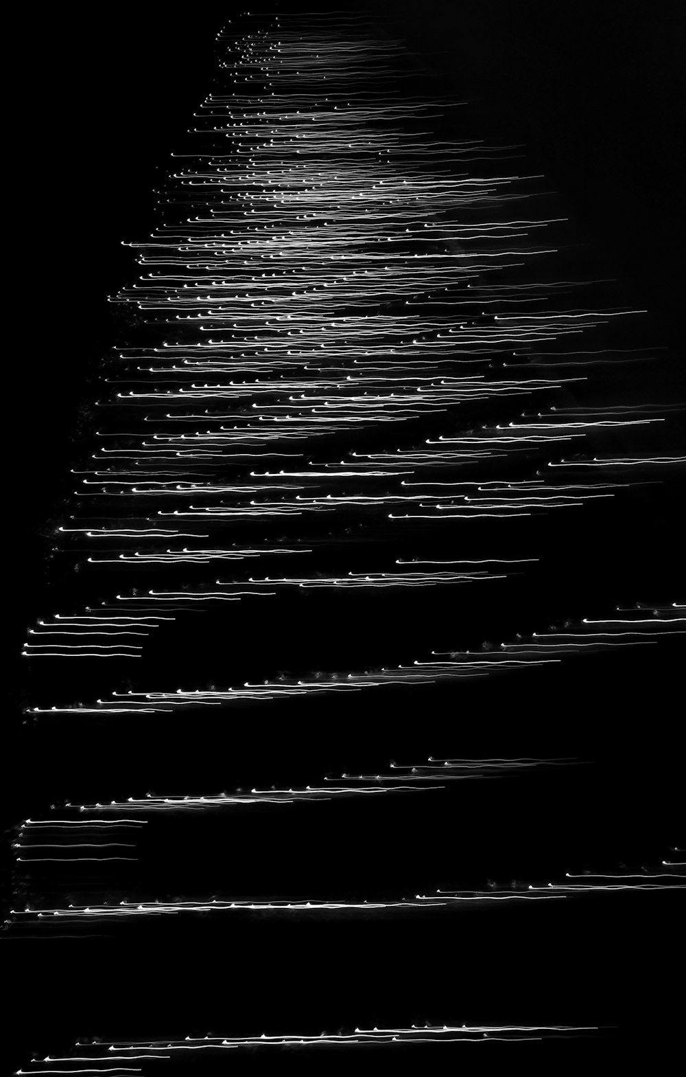 Una foto en blanco y negro de una larga línea de luces